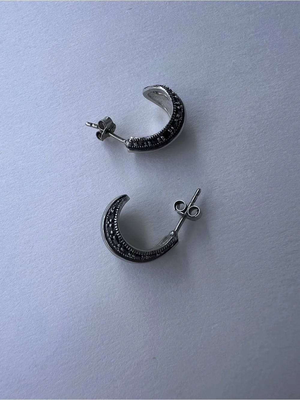 liberty Silver and Black Marcasite Dome Hoop Earrings